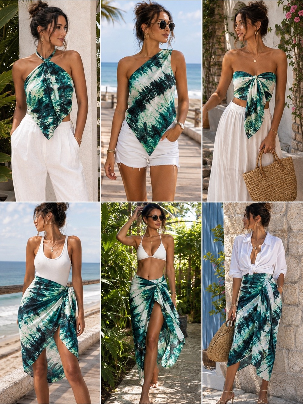 H&M Emerald Green Ivory Tie-Dye Large Scarf Wrap Sarong Top NWOT